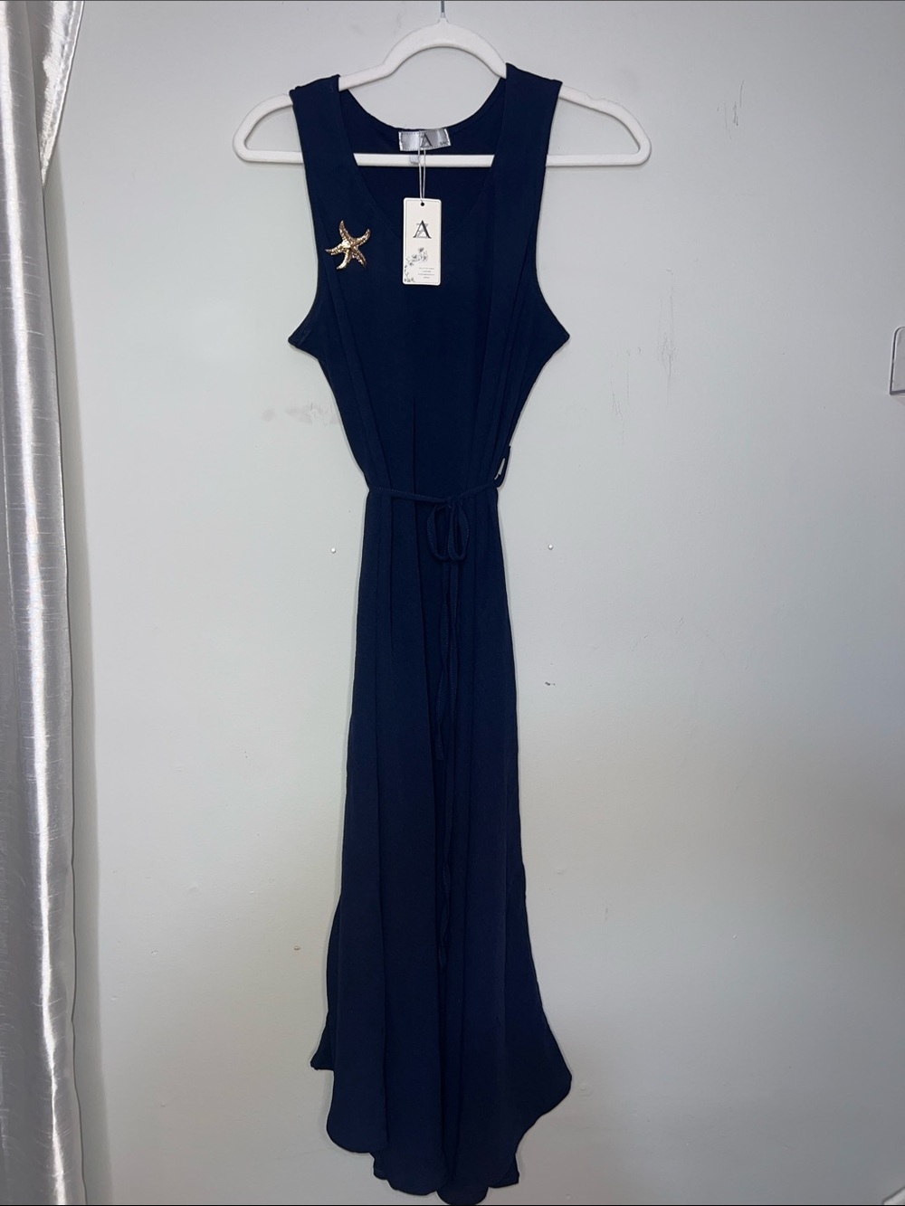 Sleeveless Navy A-Line Midi Flowy Lightweight Coastal Starfish Brooch Dress